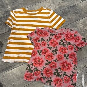 Old Navy Mustard Striped and Pink Floral Short Sleeve Tees
